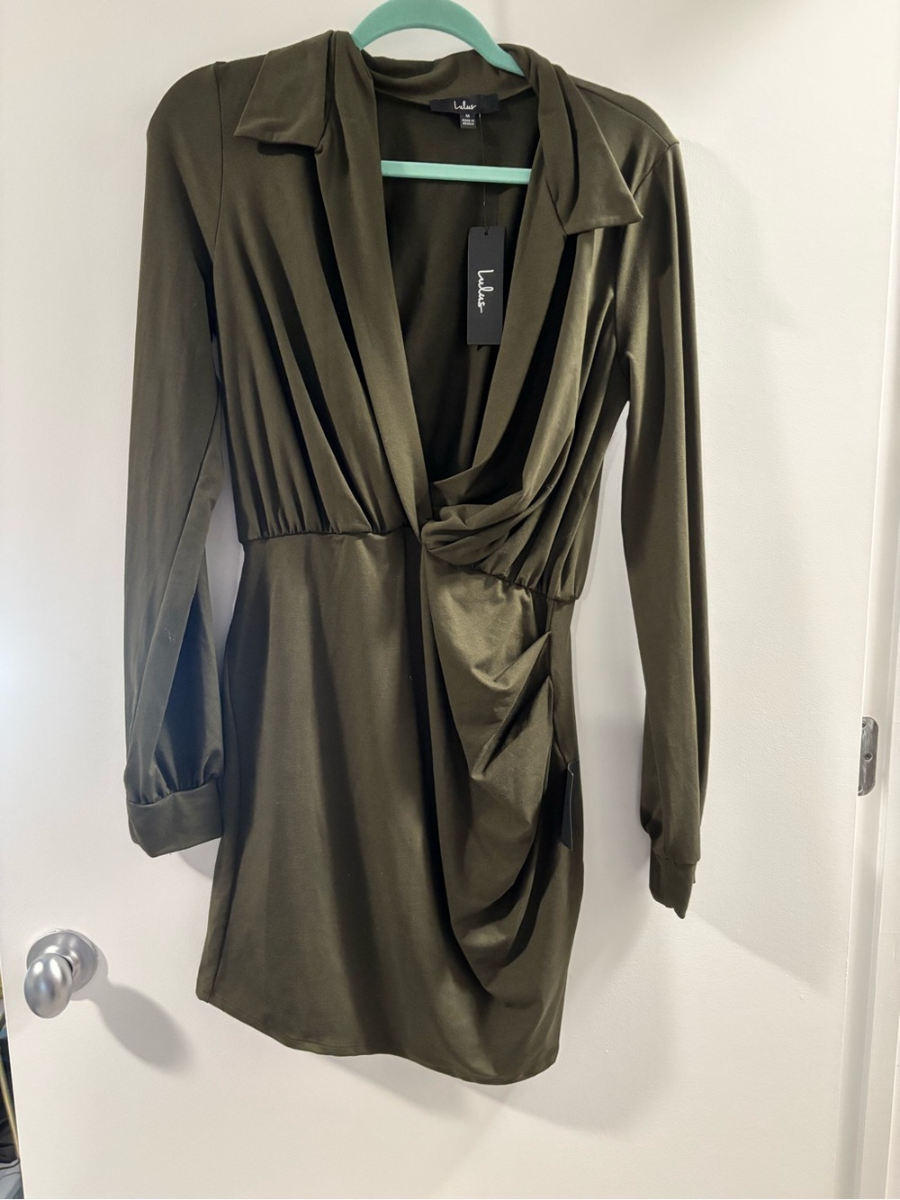 Lulu's Olive Draped V-Neck Long Sleeve Mini Dress